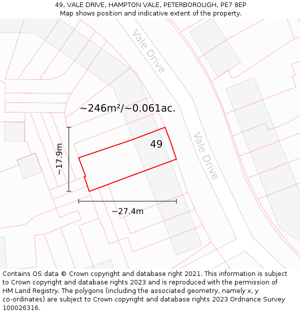 49, VALE DRIVE, HAMPTON VALE, PETERBOROUGH, PE7 8EP: Plot and title map
