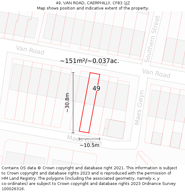 49, VAN ROAD, CAERPHILLY, CF83 1JZ: Plot and title map