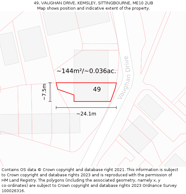 49, VAUGHAN DRIVE, KEMSLEY, SITTINGBOURNE, ME10 2UB: Plot and title map