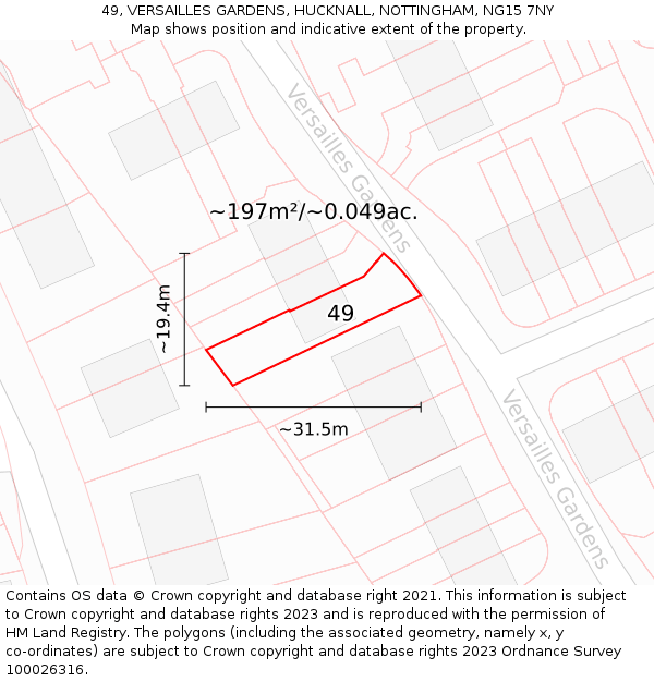 49, VERSAILLES GARDENS, HUCKNALL, NOTTINGHAM, NG15 7NY: Plot and title map