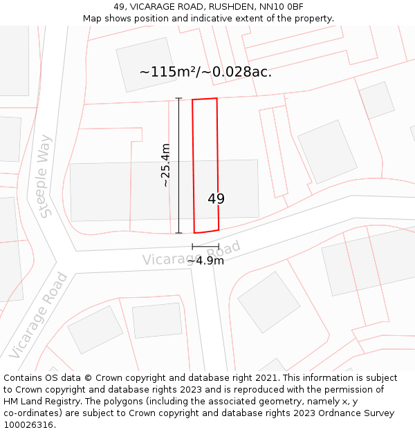 49, VICARAGE ROAD, RUSHDEN, NN10 0BF: Plot and title map