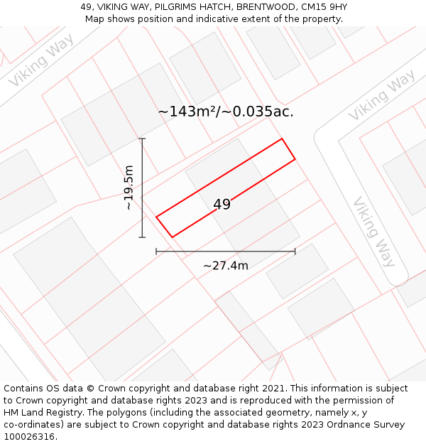 49, VIKING WAY, PILGRIMS HATCH, BRENTWOOD, CM15 9HY: Plot and title map