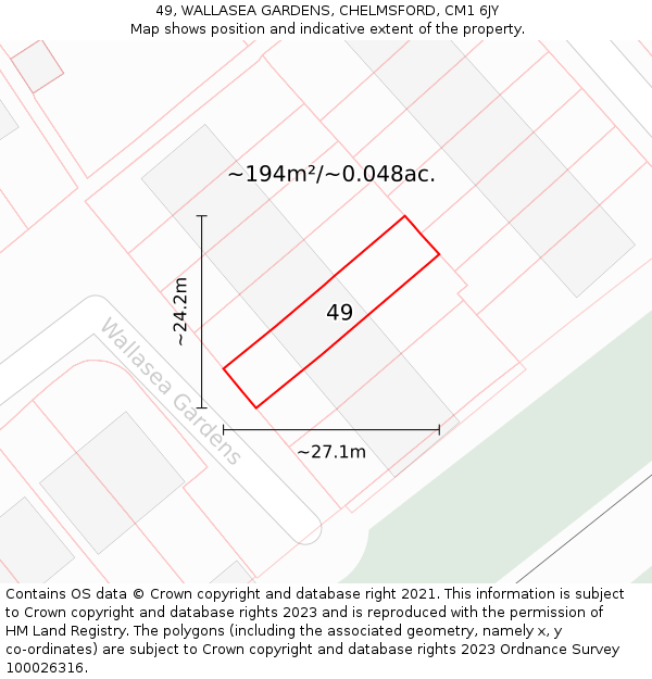 49, WALLASEA GARDENS, CHELMSFORD, CM1 6JY: Plot and title map