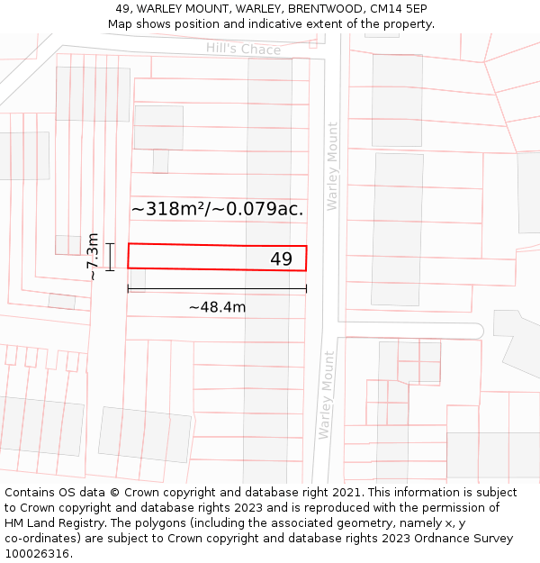 49, WARLEY MOUNT, WARLEY, BRENTWOOD, CM14 5EP: Plot and title map