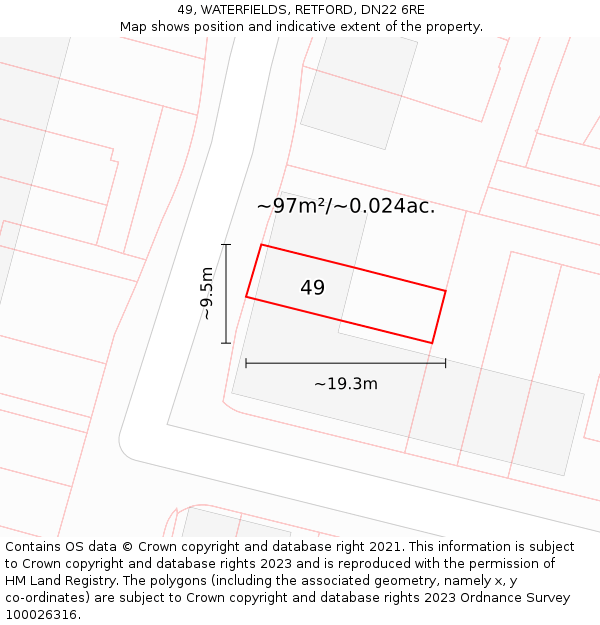 49, WATERFIELDS, RETFORD, DN22 6RE: Plot and title map