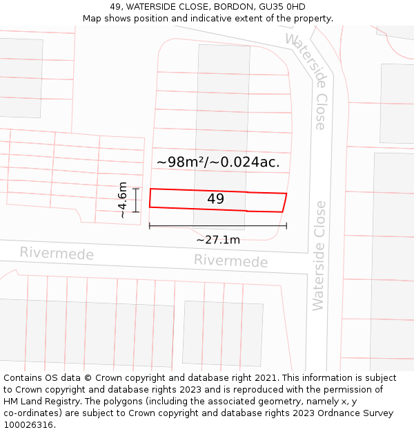 49, WATERSIDE CLOSE, BORDON, GU35 0HD: Plot and title map