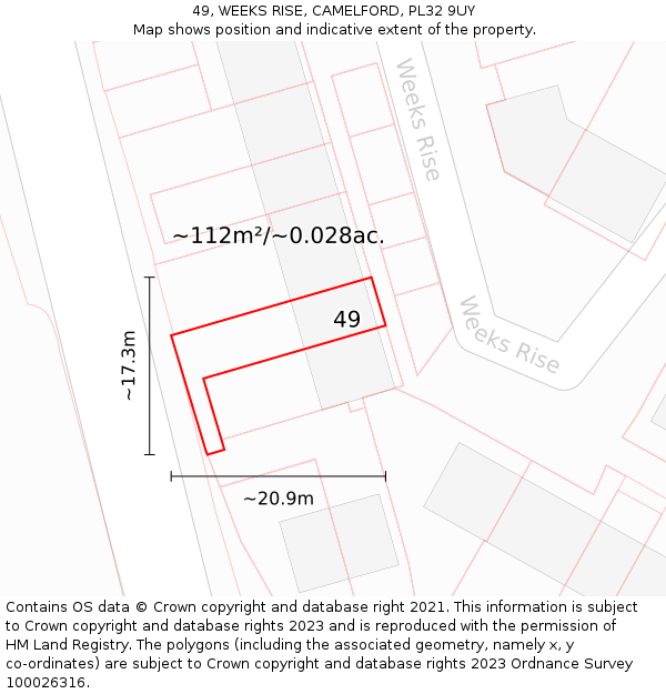 49, WEEKS RISE, CAMELFORD, PL32 9UY: Plot and title map