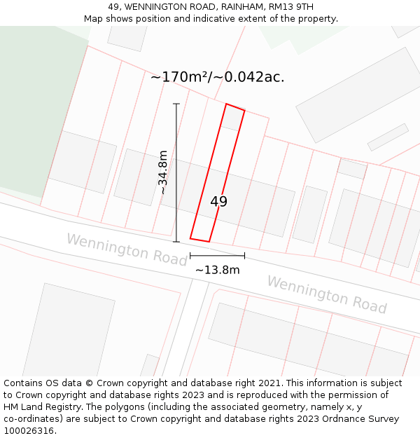 49, WENNINGTON ROAD, RAINHAM, RM13 9TH: Plot and title map