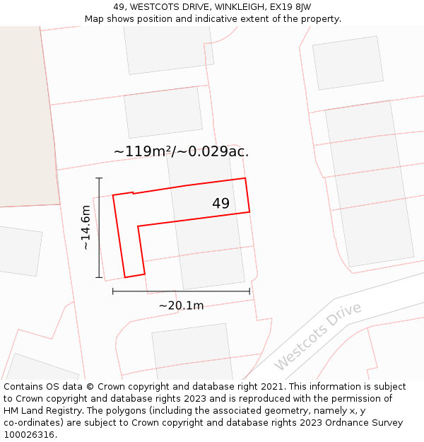 49, WESTCOTS DRIVE, WINKLEIGH, EX19 8JW: Plot and title map