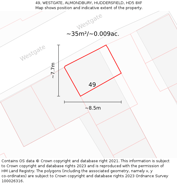 49, WESTGATE, ALMONDBURY, HUDDERSFIELD, HD5 8XF: Plot and title map