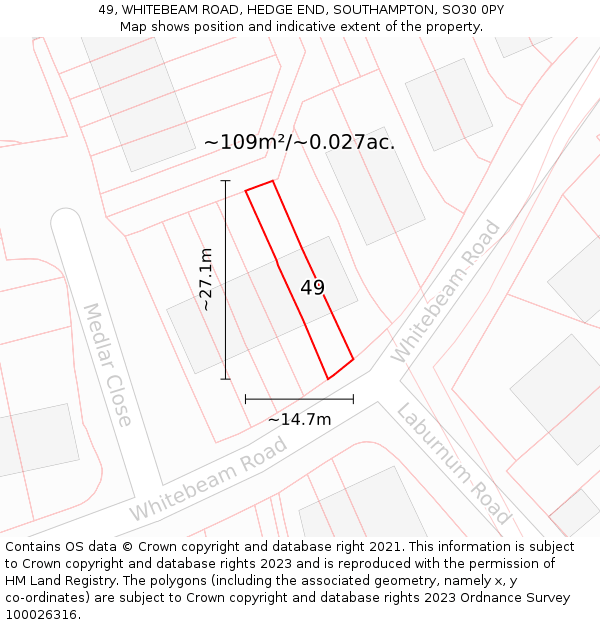 49, WHITEBEAM ROAD, HEDGE END, SOUTHAMPTON, SO30 0PY: Plot and title map