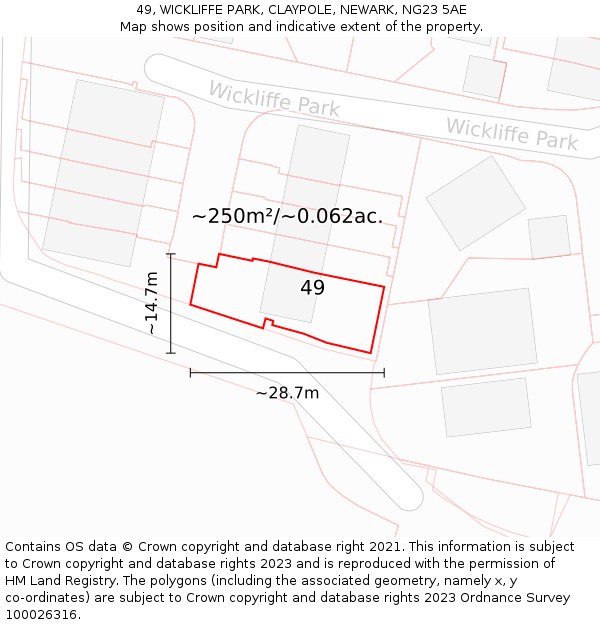 49, WICKLIFFE PARK, CLAYPOLE, NEWARK, NG23 5AE: Plot and title map