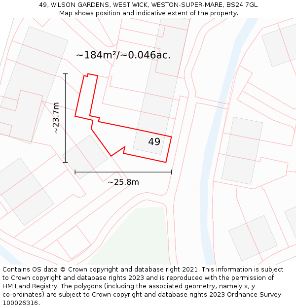 49, WILSON GARDENS, WEST WICK, WESTON-SUPER-MARE, BS24 7GL: Plot and title map