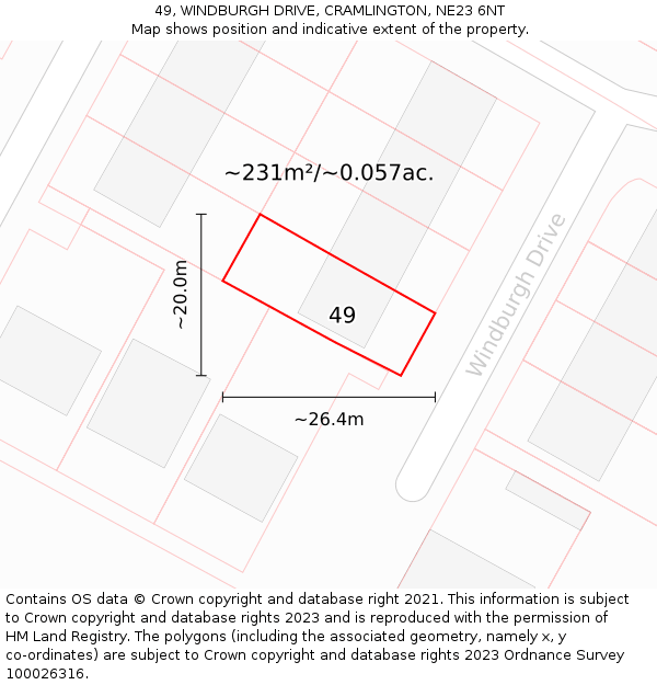 49, WINDBURGH DRIVE, CRAMLINGTON, NE23 6NT: Plot and title map