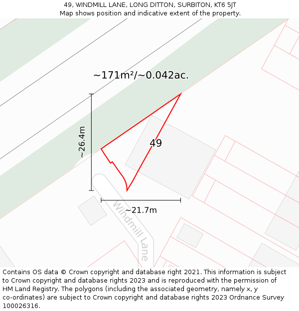 49, WINDMILL LANE, LONG DITTON, SURBITON, KT6 5JT: Plot and title map