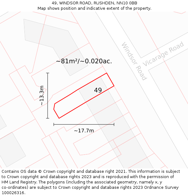 49, WINDSOR ROAD, RUSHDEN, NN10 0BB: Plot and title map