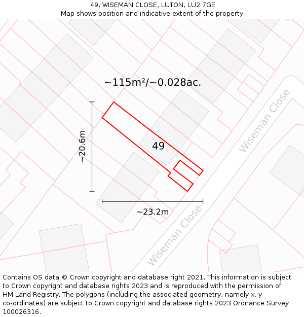 49, WISEMAN CLOSE, LUTON, LU2 7GE: Plot and title map