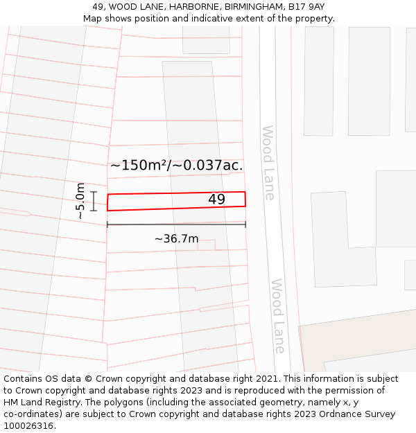 49, WOOD LANE, HARBORNE, BIRMINGHAM, B17 9AY: Plot and title map