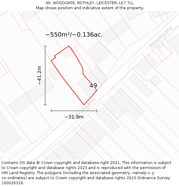 49, WOODGATE, ROTHLEY, LEICESTER, LE7 7LL: Plot and title map