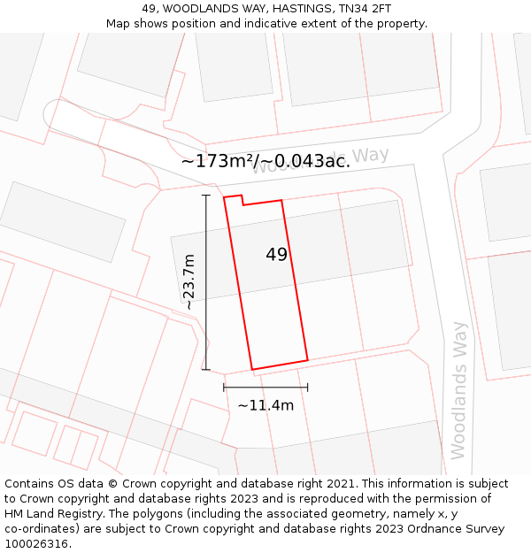 49, WOODLANDS WAY, HASTINGS, TN34 2FT: Plot and title map