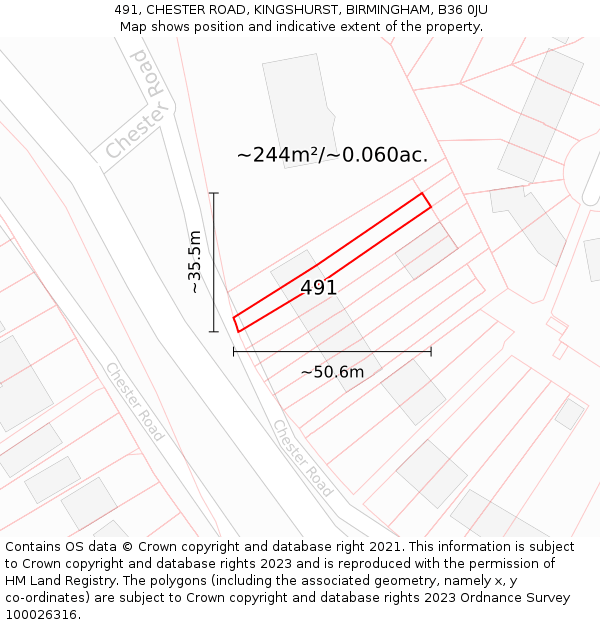 491, CHESTER ROAD, KINGSHURST, BIRMINGHAM, B36 0JU: Plot and title map