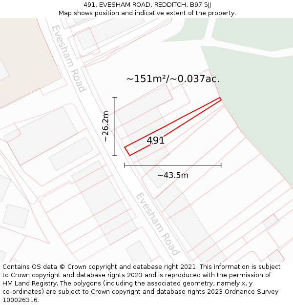 491, EVESHAM ROAD, REDDITCH, B97 5JJ: Plot and title map