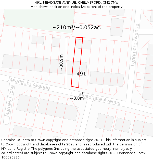 491, MEADGATE AVENUE, CHELMSFORD, CM2 7NW: Plot and title map