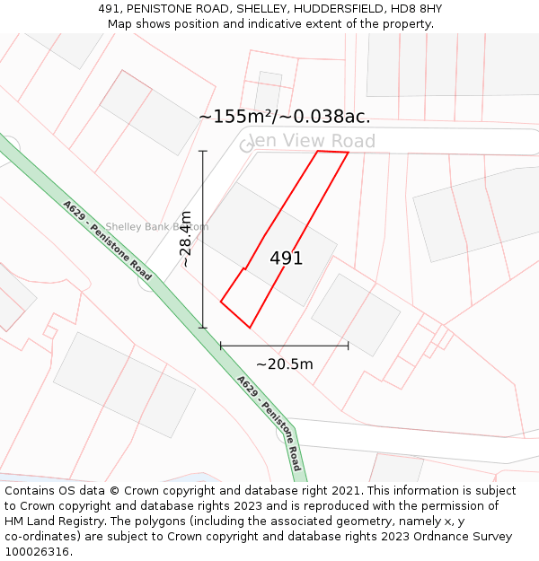 491, PENISTONE ROAD, SHELLEY, HUDDERSFIELD, HD8 8HY: Plot and title map