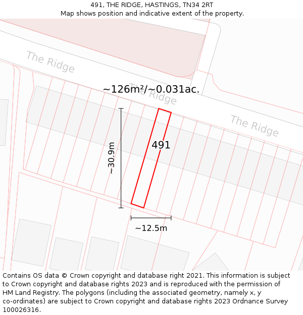 491, THE RIDGE, HASTINGS, TN34 2RT: Plot and title map