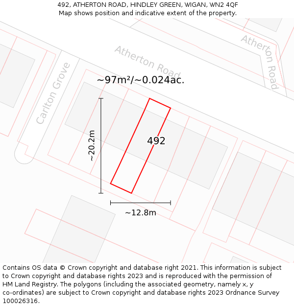 492, ATHERTON ROAD, HINDLEY GREEN, WIGAN, WN2 4QF: Plot and title map