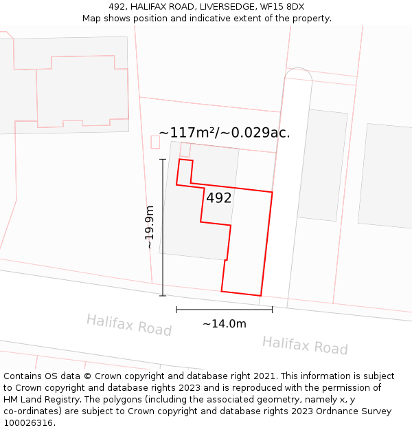 492, HALIFAX ROAD, LIVERSEDGE, WF15 8DX: Plot and title map