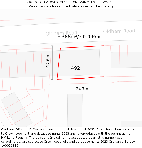 492, OLDHAM ROAD, MIDDLETON, MANCHESTER, M24 2EB: Plot and title map