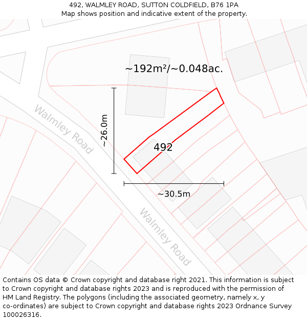492, WALMLEY ROAD, SUTTON COLDFIELD, B76 1PA: Plot and title map