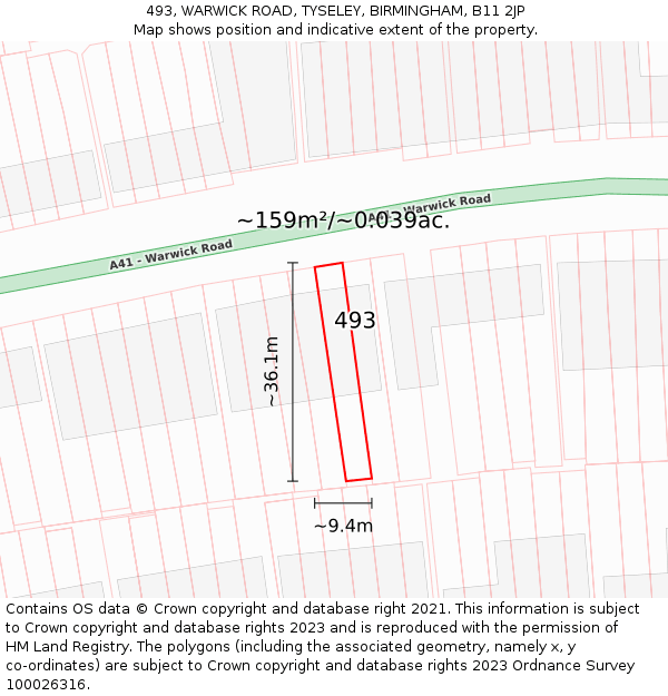 493, WARWICK ROAD, TYSELEY, BIRMINGHAM, B11 2JP: Plot and title map