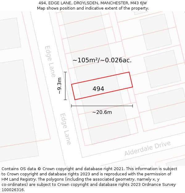 494, EDGE LANE, DROYLSDEN, MANCHESTER, M43 6JW: Plot and title map