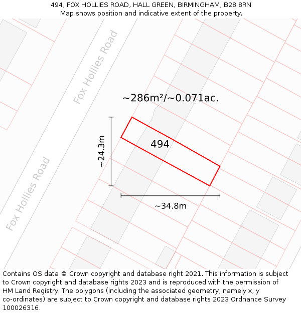 494, FOX HOLLIES ROAD, HALL GREEN, BIRMINGHAM, B28 8RN: Plot and title map