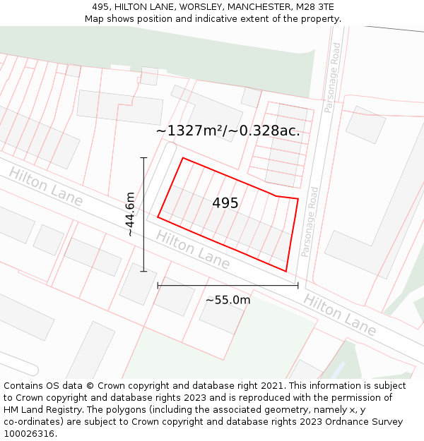 495, HILTON LANE, WORSLEY, MANCHESTER, M28 3TE: Plot and title map
