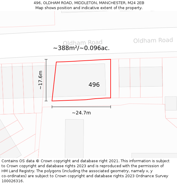 496, OLDHAM ROAD, MIDDLETON, MANCHESTER, M24 2EB: Plot and title map