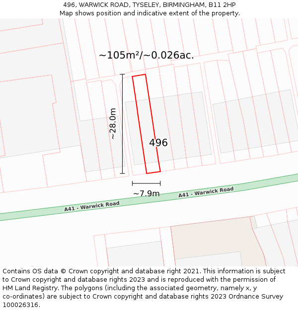 496, WARWICK ROAD, TYSELEY, BIRMINGHAM, B11 2HP: Plot and title map