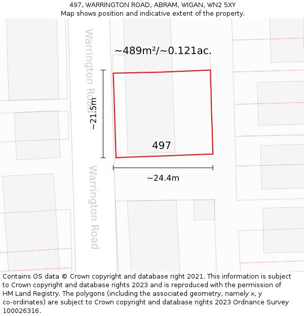 497, WARRINGTON ROAD, ABRAM, WIGAN, WN2 5XY: Plot and title map