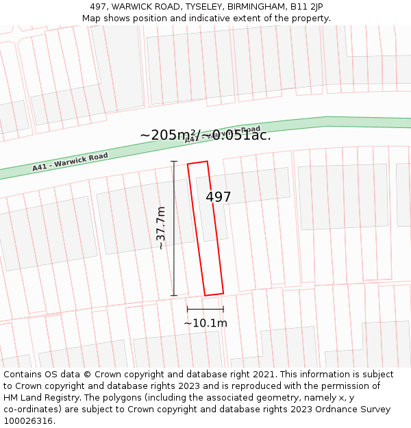 497, WARWICK ROAD, TYSELEY, BIRMINGHAM, B11 2JP: Plot and title map
