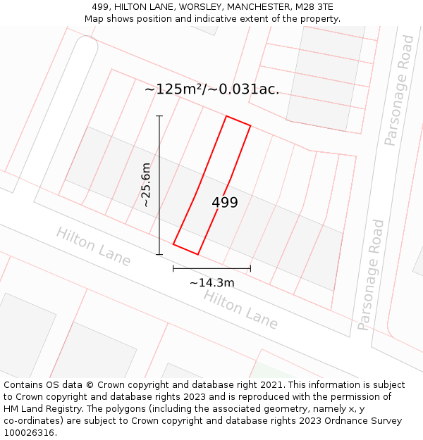 499, HILTON LANE, WORSLEY, MANCHESTER, M28 3TE: Plot and title map