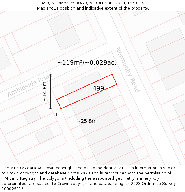499, NORMANBY ROAD, MIDDLESBROUGH, TS6 0DX: Plot and title map