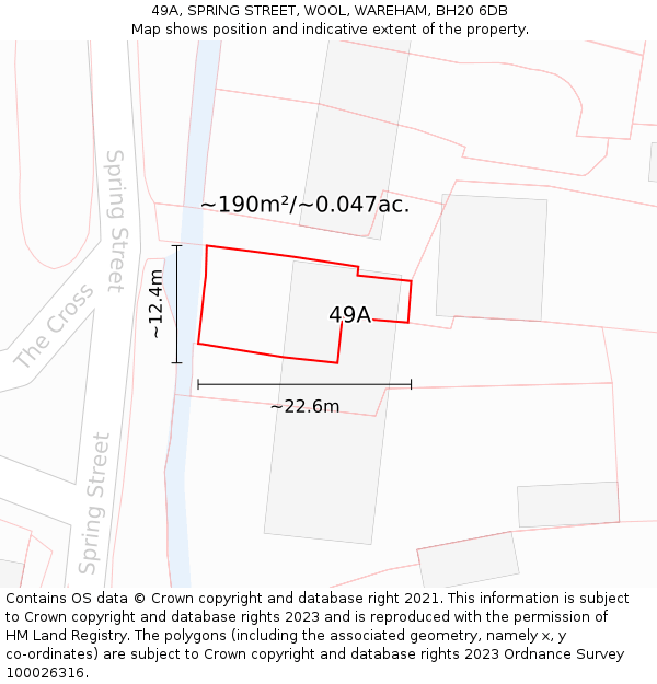 49A, SPRING STREET, WOOL, WAREHAM, BH20 6DB: Plot and title map