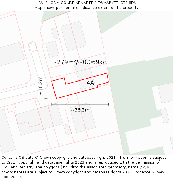 4A, PILGRIM COURT, KENNETT, NEWMARKET, CB8 8FA: Plot and title map