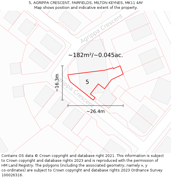5, AGRIPPA CRESCENT, FAIRFIELDS, MILTON KEYNES, MK11 4AY: Plot and title map