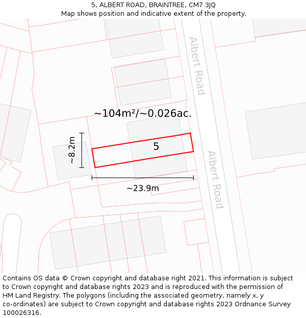 5, ALBERT ROAD, BRAINTREE, CM7 3JQ: Plot and title map