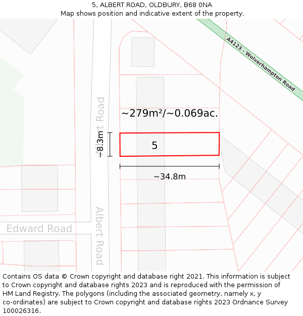 5, ALBERT ROAD, OLDBURY, B68 0NA: Plot and title map