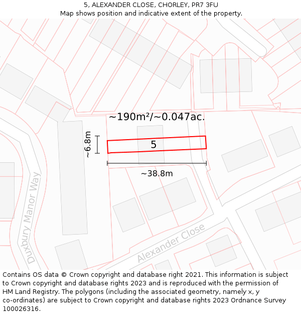 5, ALEXANDER CLOSE, CHORLEY, PR7 3FU: Plot and title map