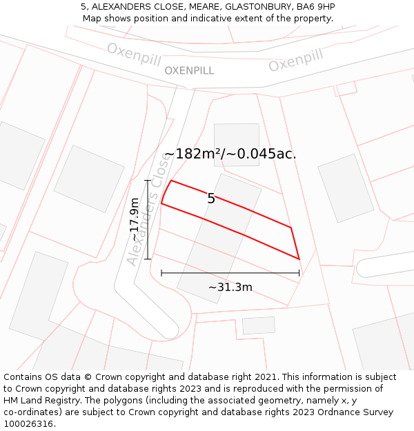 5, ALEXANDERS CLOSE, MEARE, GLASTONBURY, BA6 9HP: Plot and title map